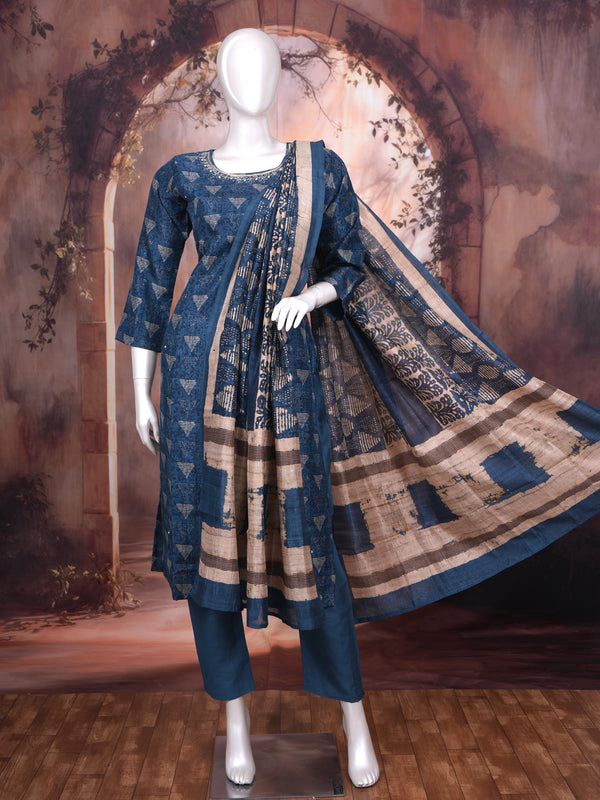 Indigo Blue with Beige Ready Made Salwar Suit