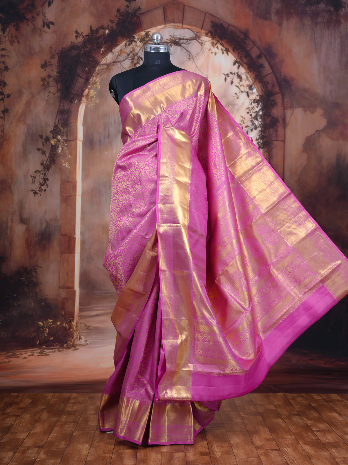 Radiant Rani Pink and Gold Kanchipuram Silk Saree