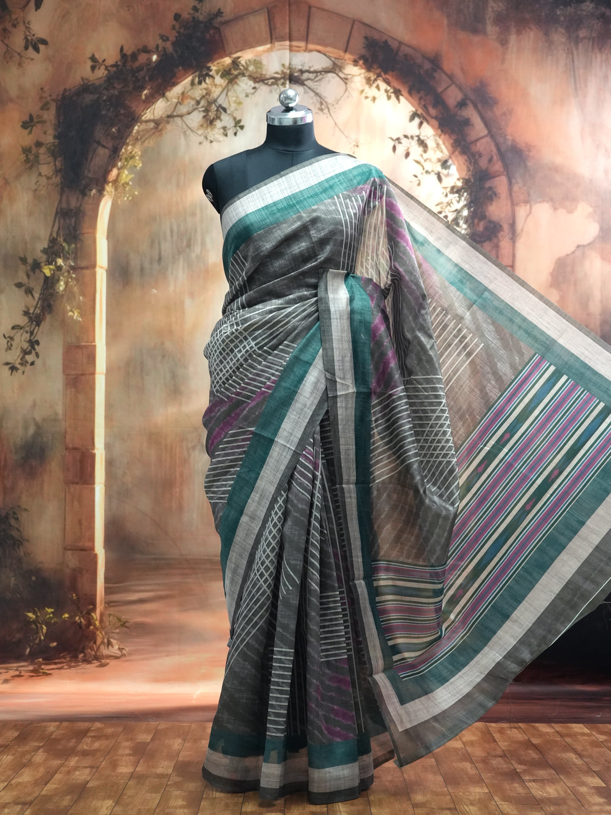 Charcoal Grey with Teal Green - Semi Tussar Saree