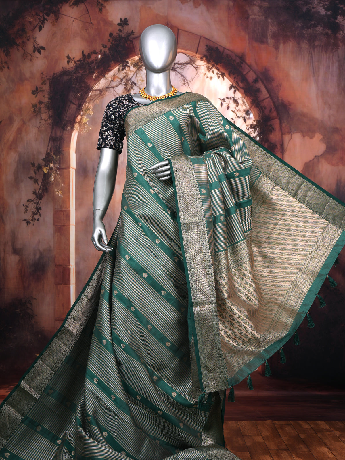Emerald Green with Antique Gold - Semi Tussar Saree