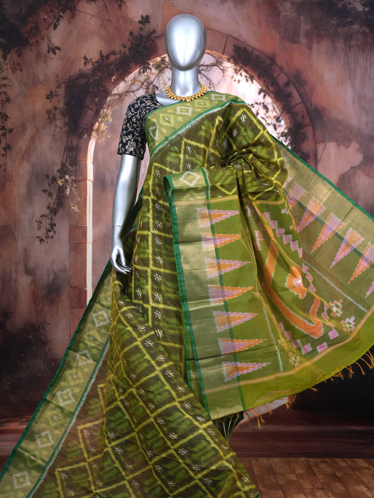 Olive Green with Light Green - Pochampalli Cotton Saree