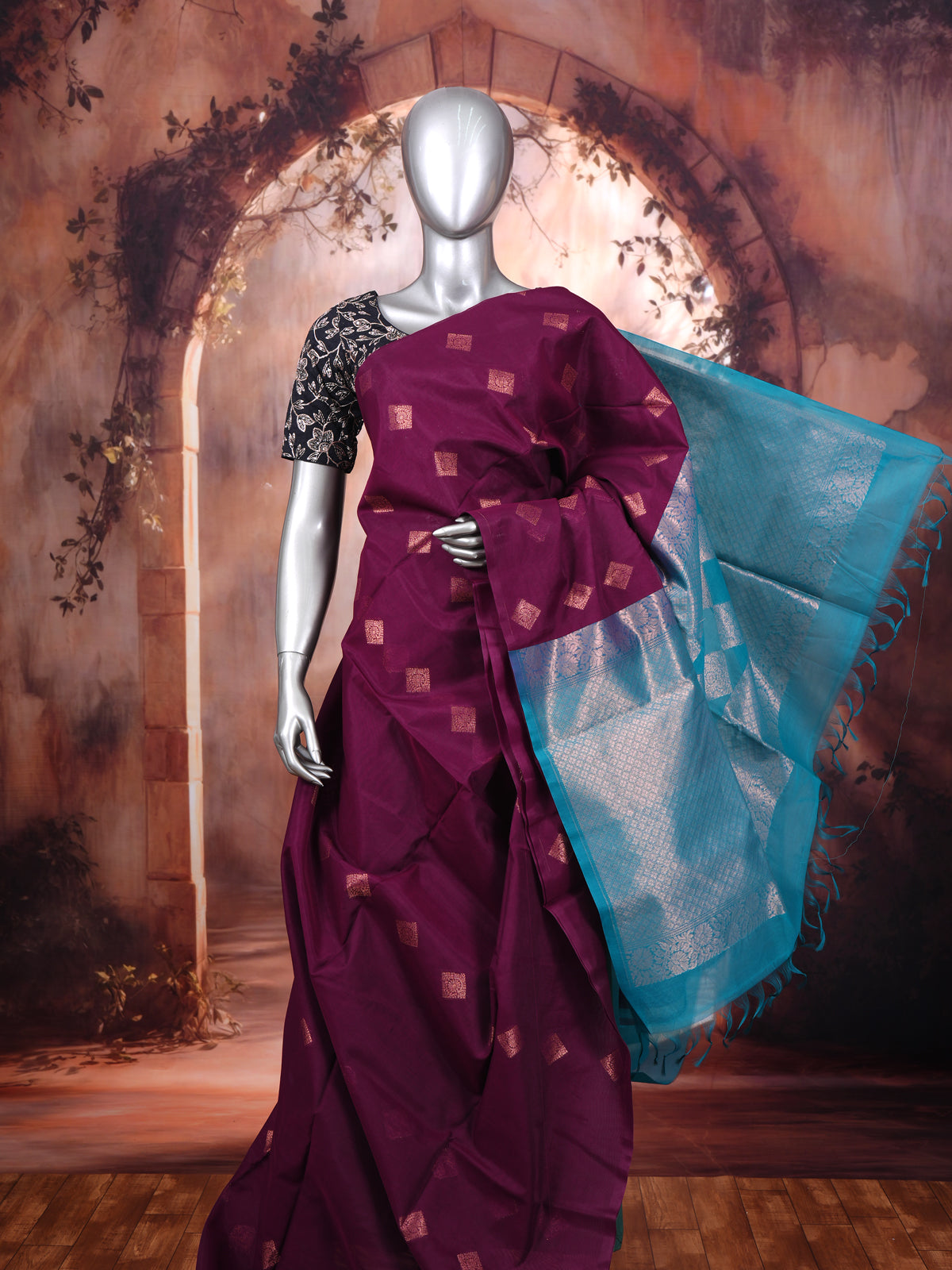 Pure Silk Cotton Saree in Deep Wine and Cyan Blue Zari Weave