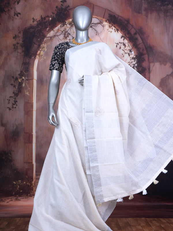 Off-White with Silver - Linen Cotton Saree