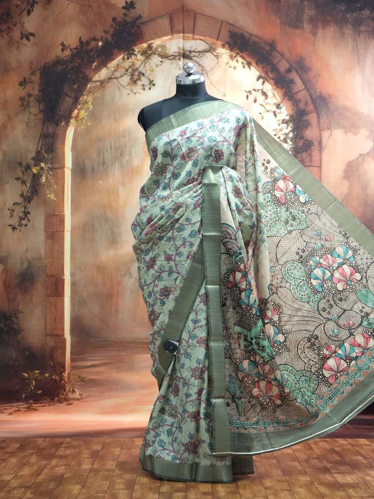 Cream with Sage Green - Semi Tussar Saree