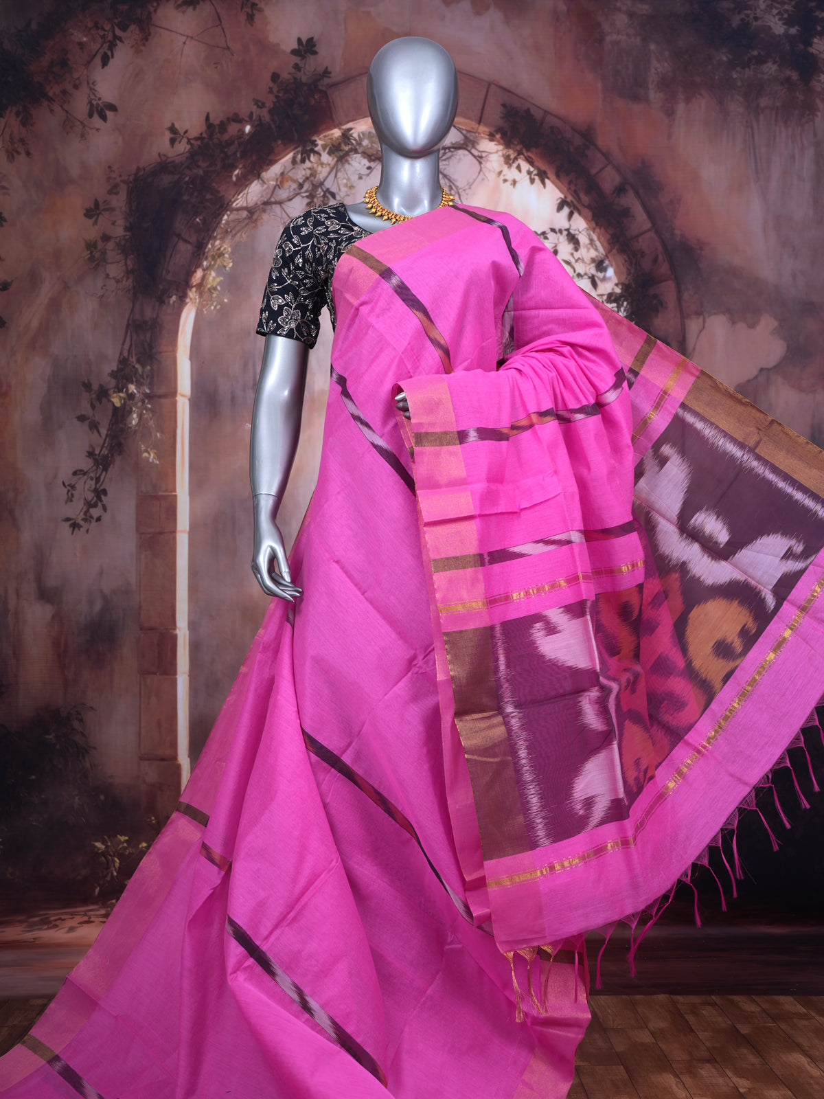 Pink with Dark Brown - Pochampalli Cotton Saree