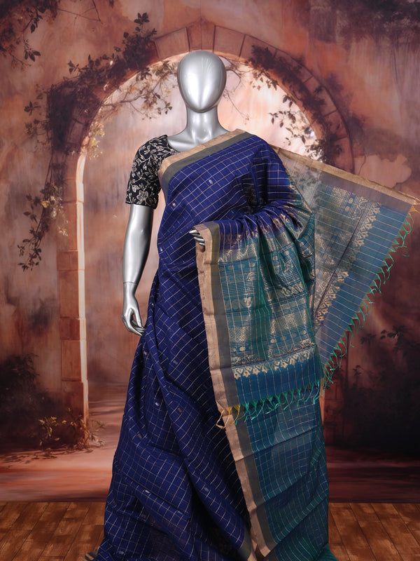 Elegant Royal Blue and Teal Pure Silk Cotton Saree