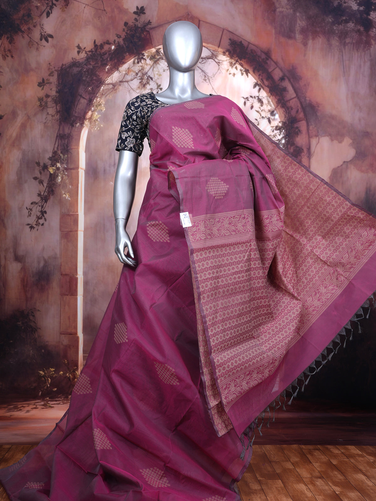 Wine and Rose Gold Silk Cotton Saree