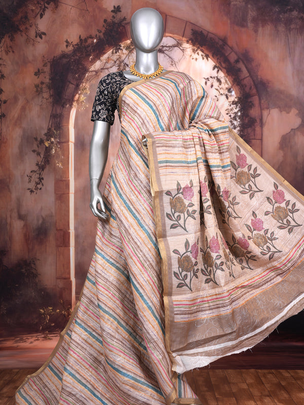 Beige and Multicolor Stripes with Floral Pallu - Linen Cotton Saree