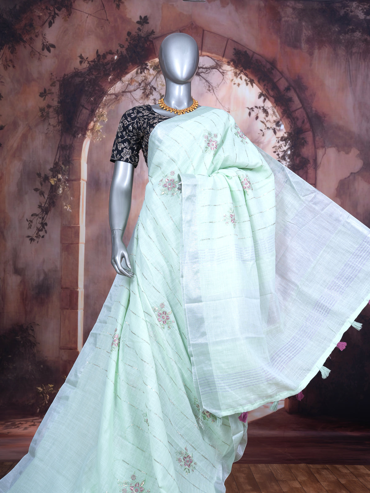 Mint Green with Light Silver Pallu - Linen Cotton Saree