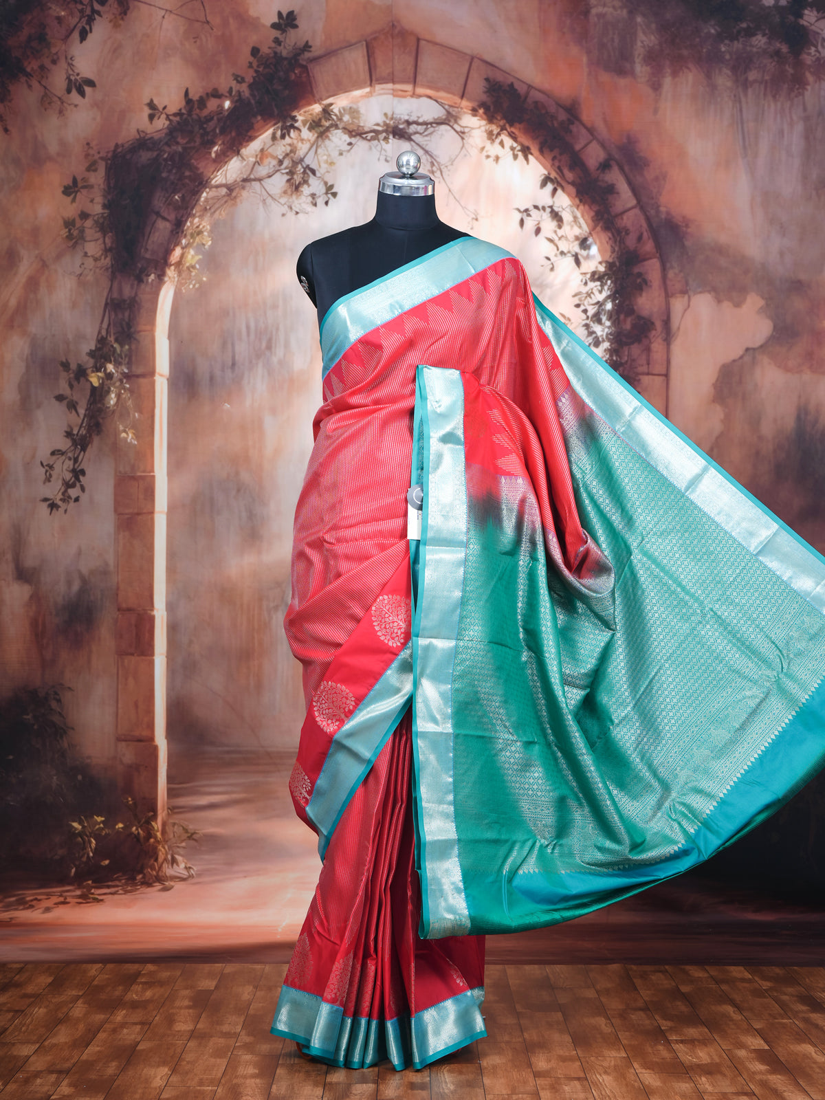 Strawberry Pink with Sea Green Kanchipuram Fancy Silk Saree