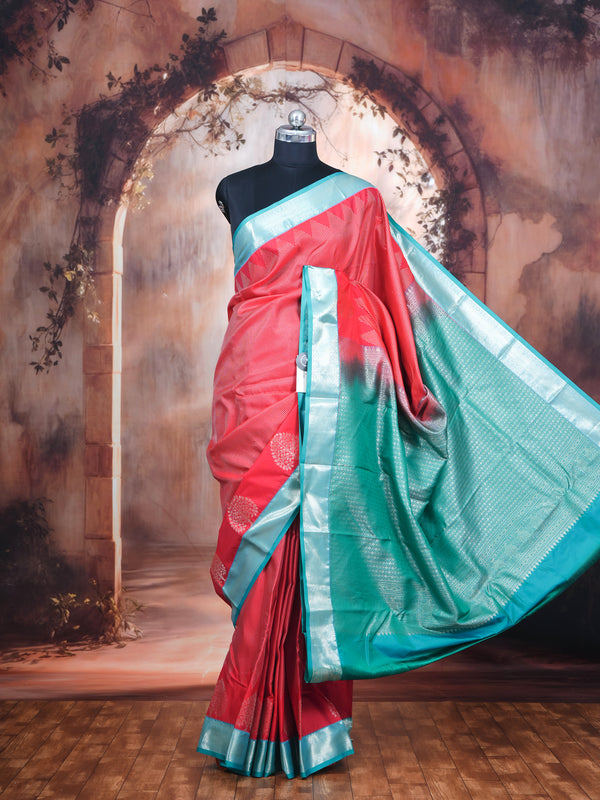Strawberry Pink with Sea Green Kanchipuram Fancy Silk Saree