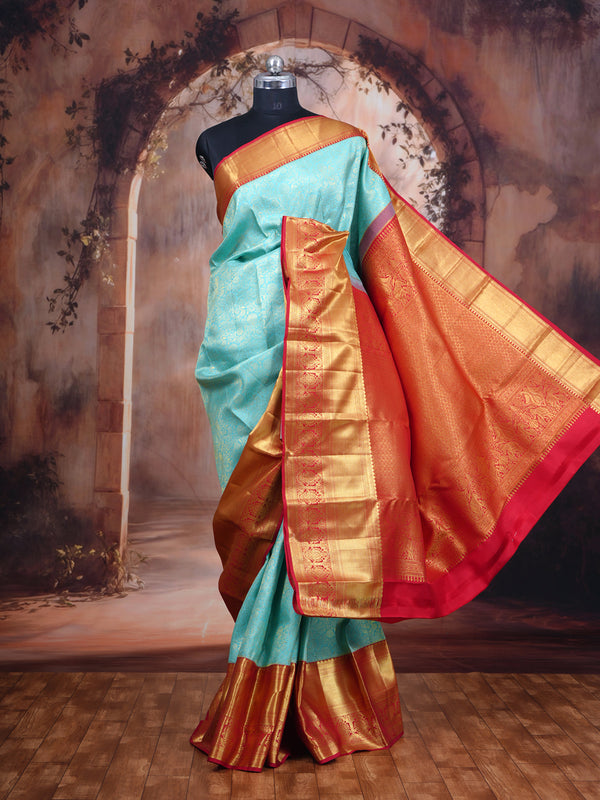 Sky Blue and Crimson Red Pure Kanchipuram Silk Saree