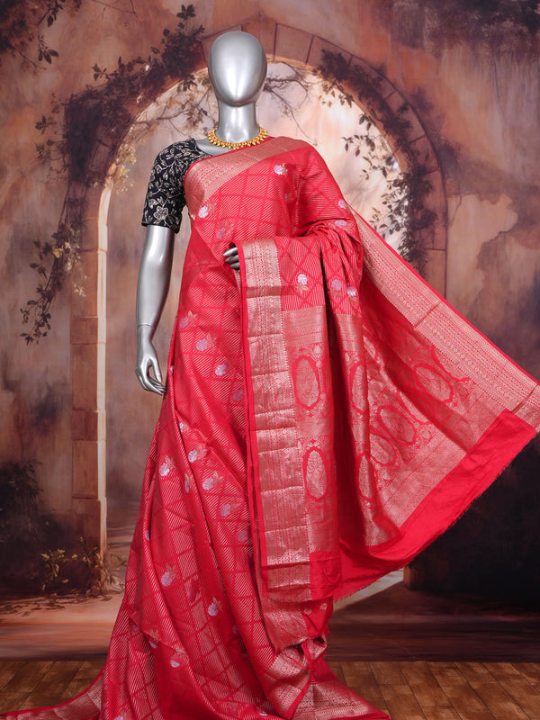 Pink Red with Metallic Gold - Semi Tussar Saree