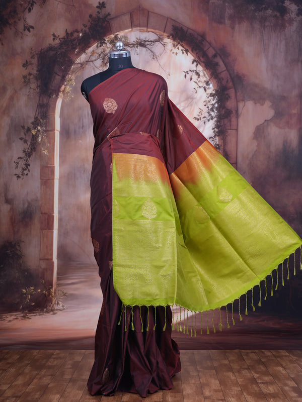 Maroon With Green Semi Silk Saree