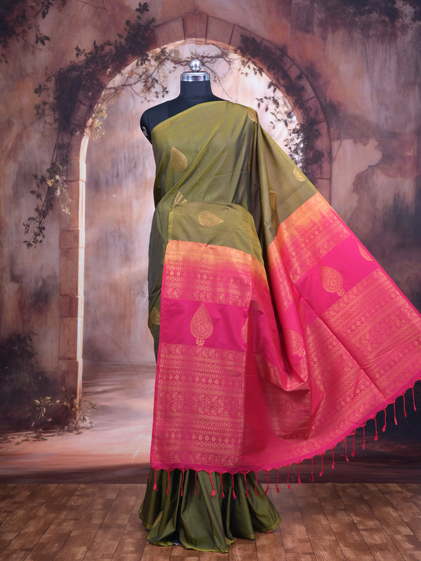 Mehendi Green With Pink Semi Silk Saree
