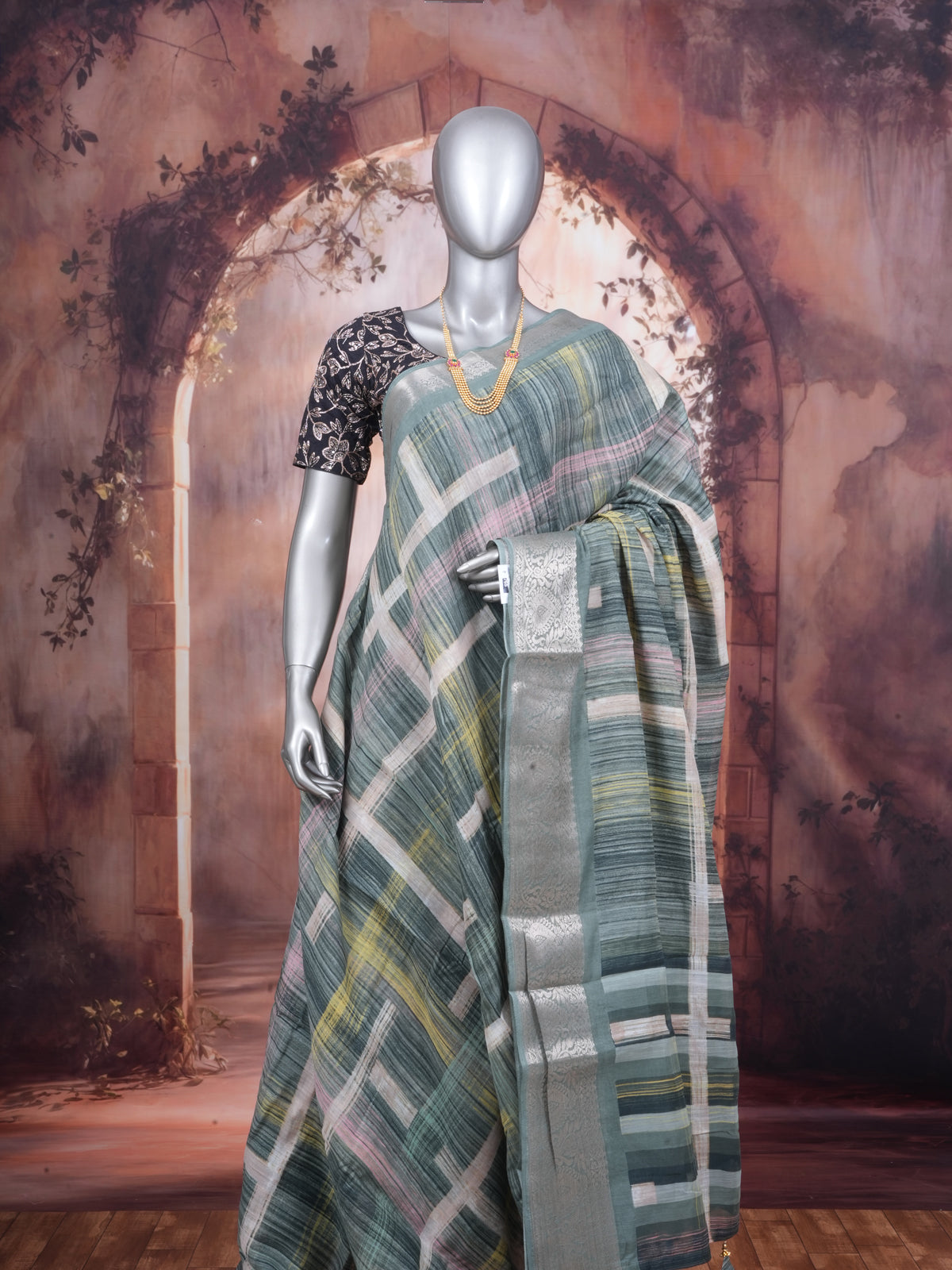 Sage Green with Silver Pallu - Semi Raw Silk Saree