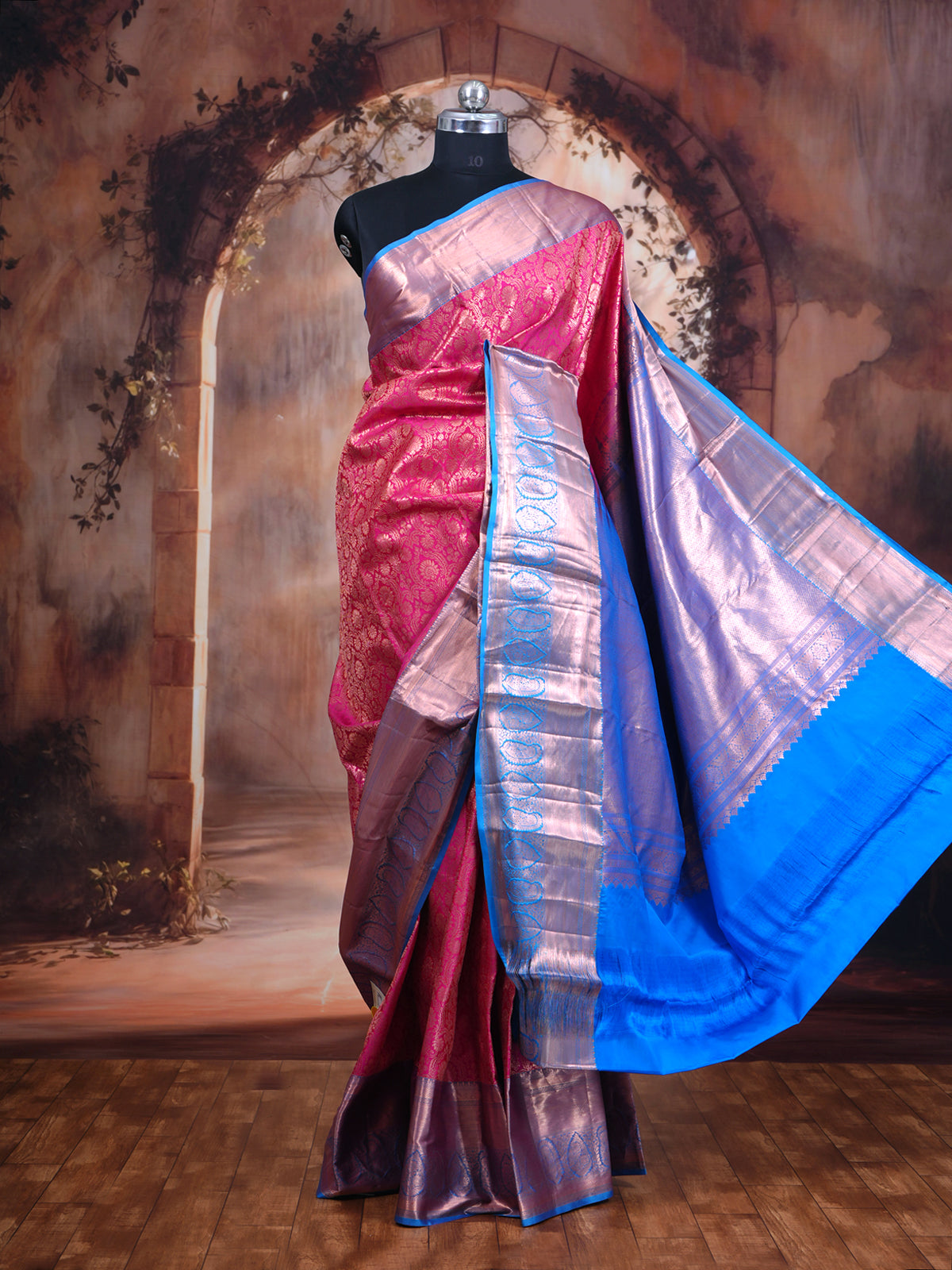 Rani Pink and Sky Blue Kanchipuram Silk Saree