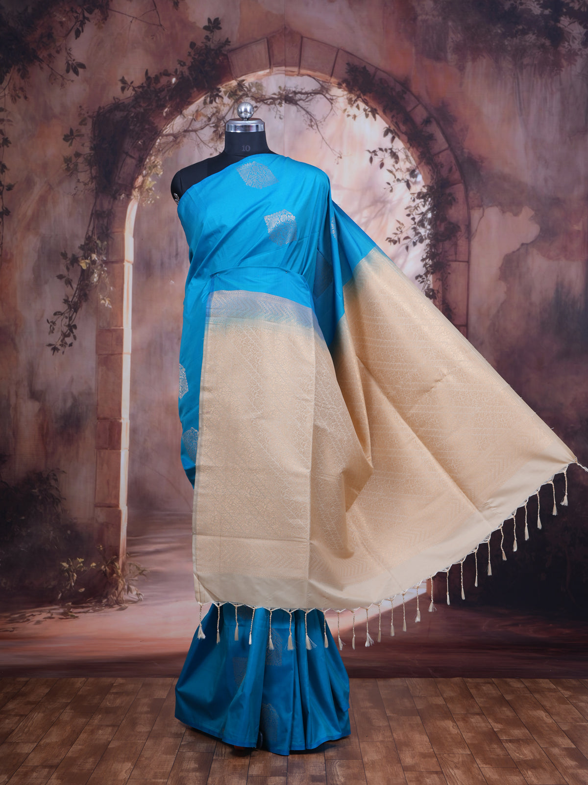 Teal Blue with  Light Sandal Semi Silk Saree