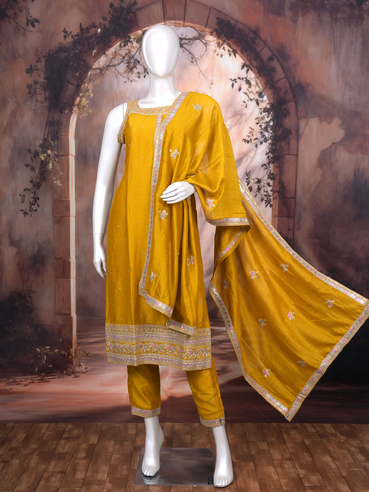 Mustard Yellow with Silver Ready Made Salwar Suit