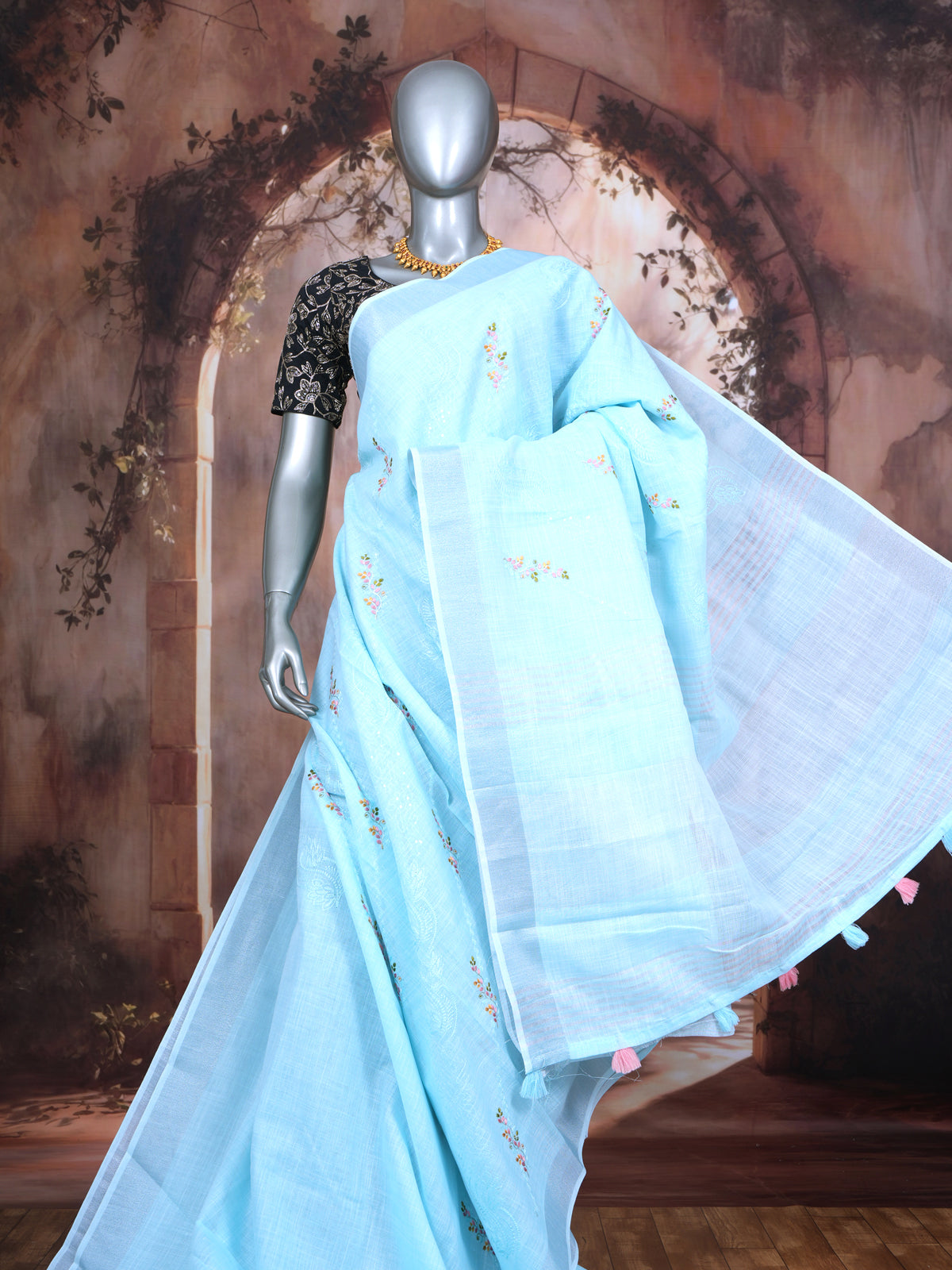Sky Blue with Silver White Pallu - Linen Cotton Saree