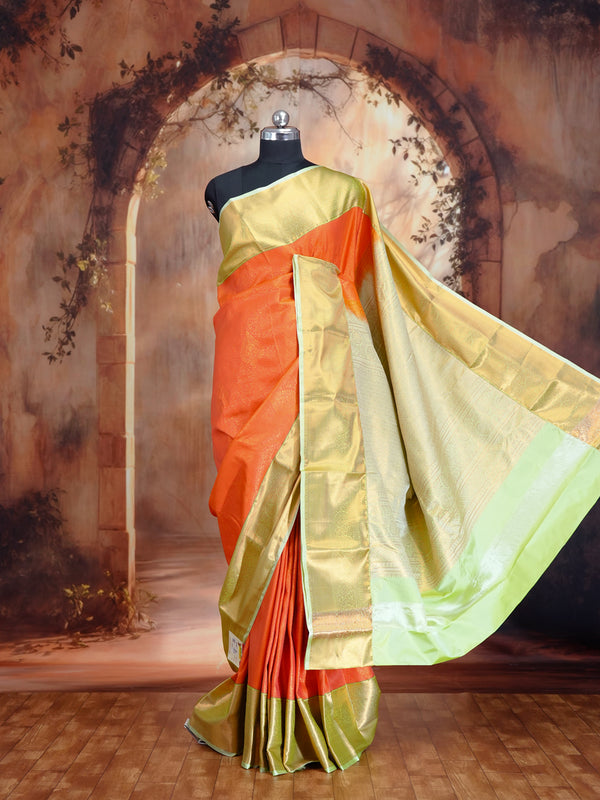 Tangerine Orange with Pastel Green Kanchipuram Fancy Silk Saree