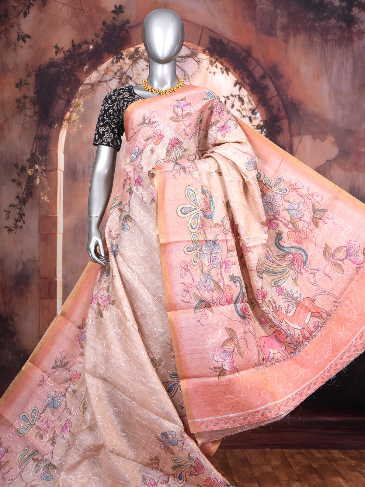 Light Beige with Peach Pallu - Linen Cotton Saree