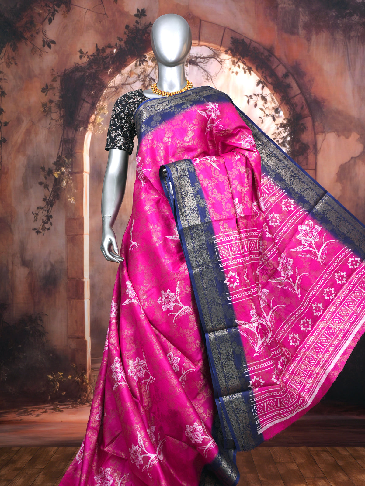 Magenta with Navy Blue - Semi Tussar Saree