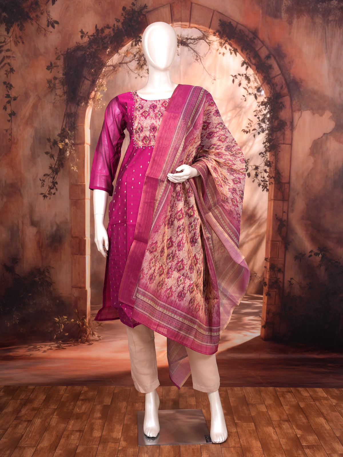 Magenta with Beige Printed Dupatta Ready Made Kurti Set