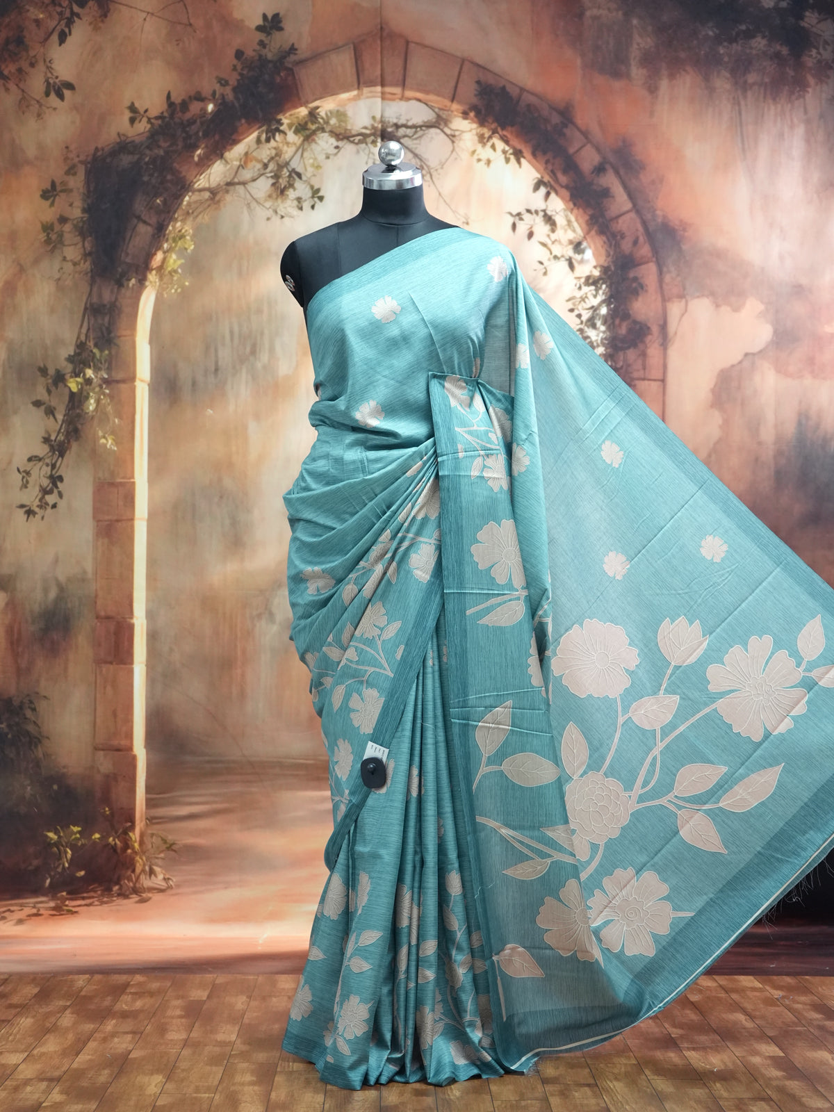 Sea Green with Floral Pallu - Semi Tussar Saree