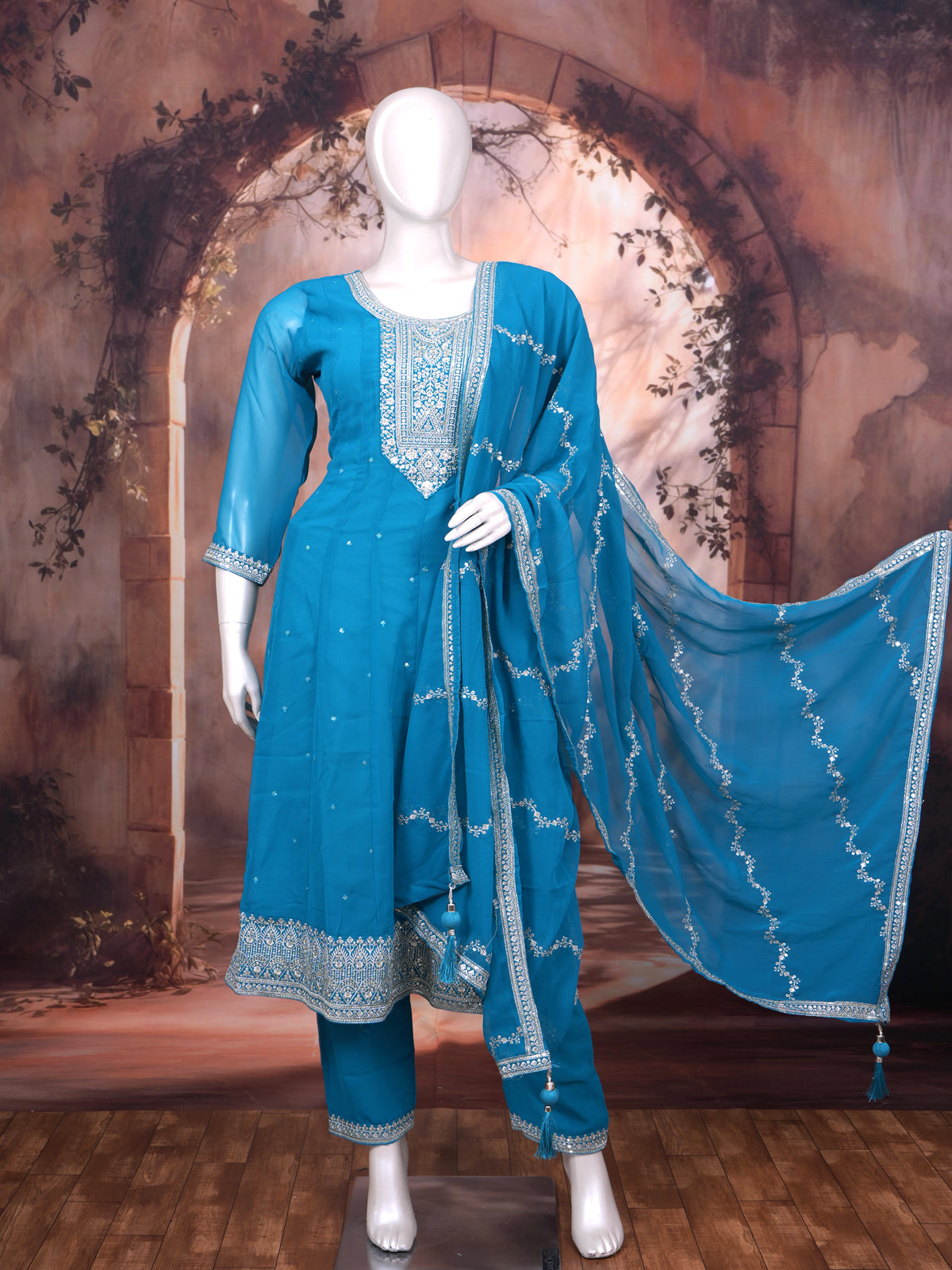 Teal Blue with Zari Ready Made Salwar Suit
