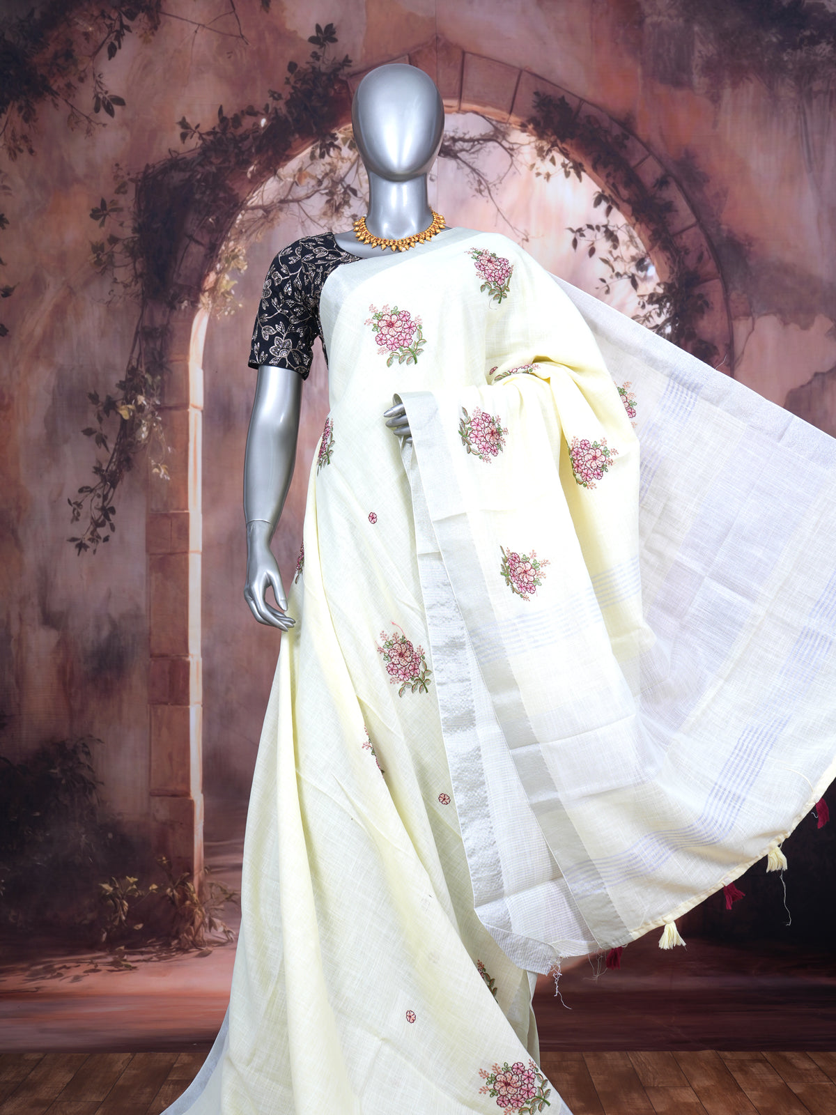 Off-White with Silver - Linen Cotton Saree