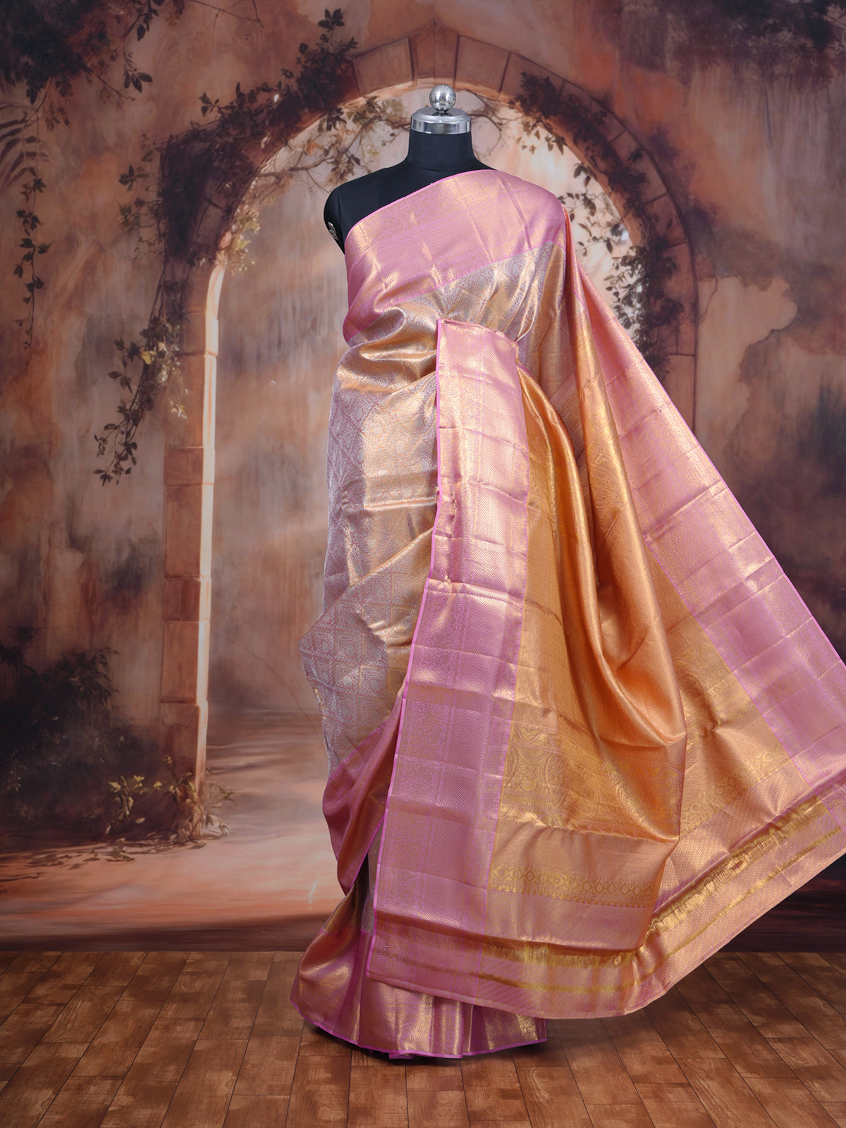 Pastel Onion Pink and Metallic Gold Kanchipuram Silk Saree