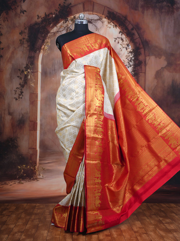 Off-White and Crimson Red Kanchipuram Silk Saree