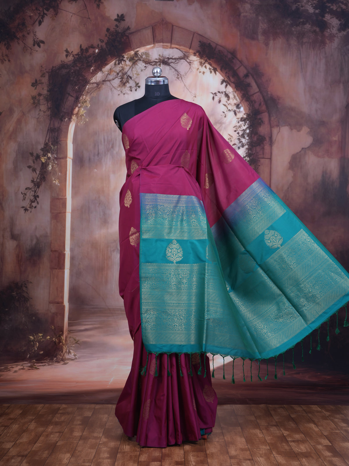 Magenta Pink with Rama green  Semi Silk Saree