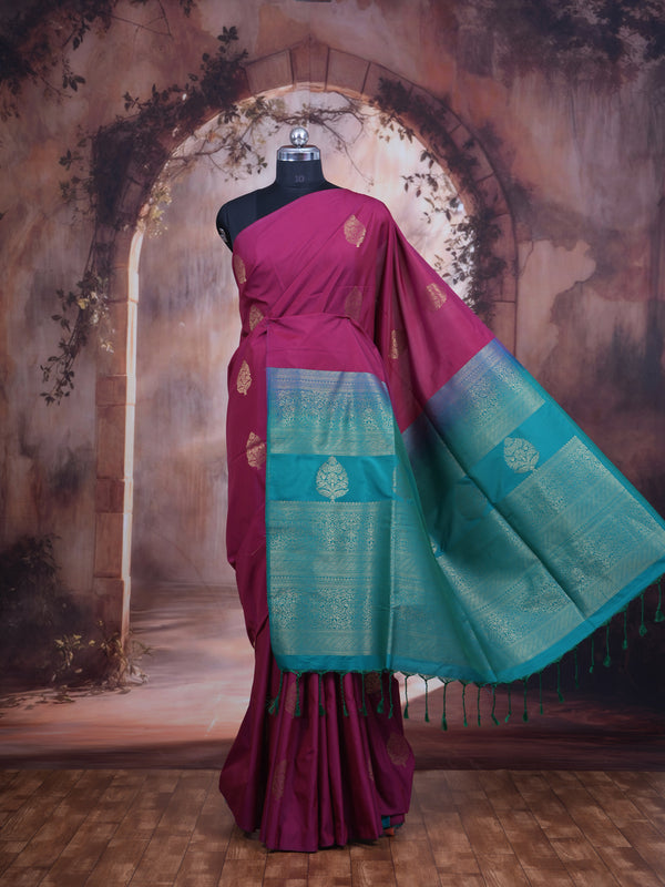 Magenta Pink with Rama green  Semi Silk Saree