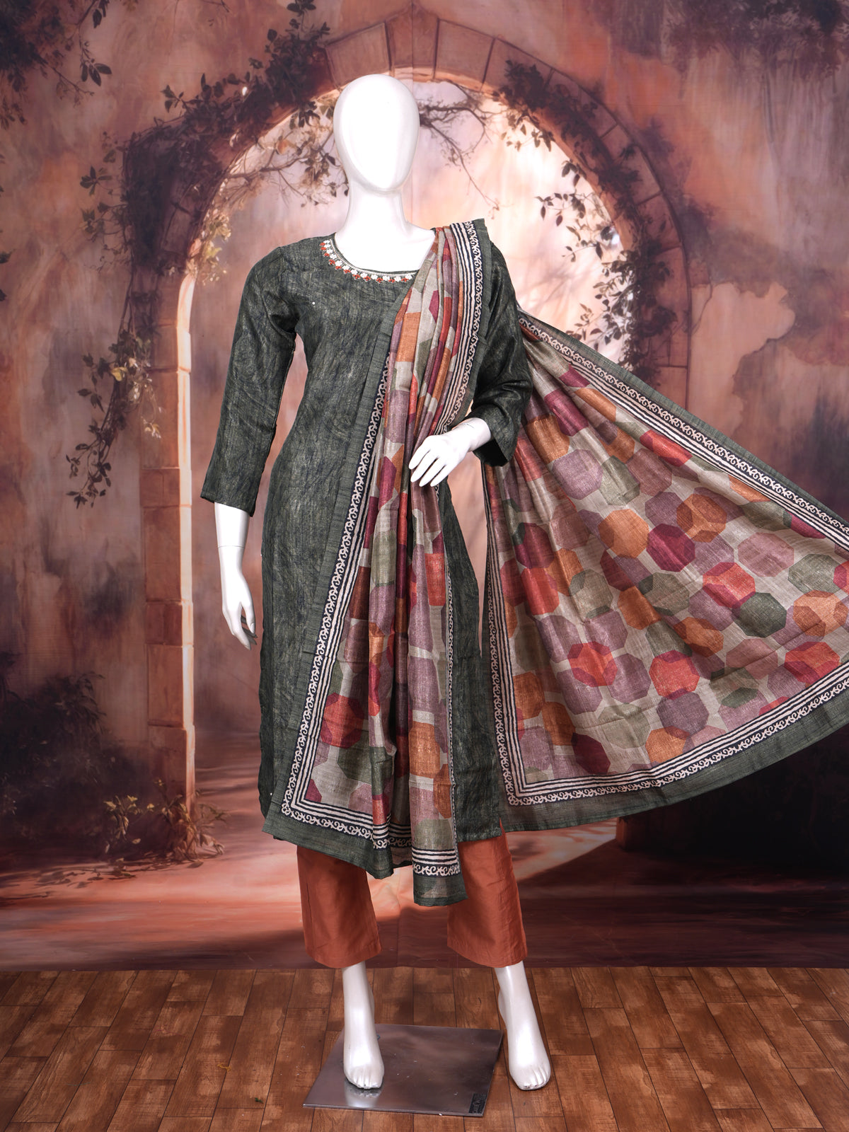 Olive Green with Multicolor Dupatta Ready Made Salwar Suit