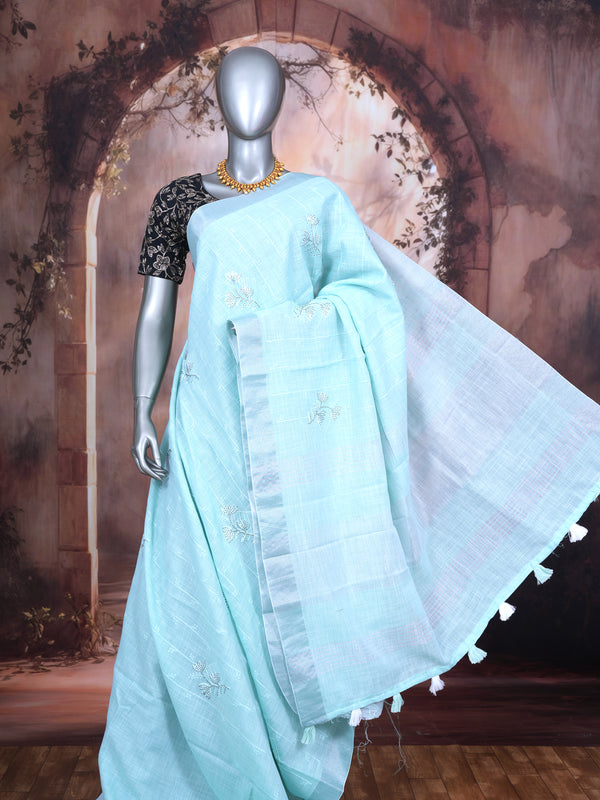 Sky Blue with Silver White Pallu - Linen Cotton Saree