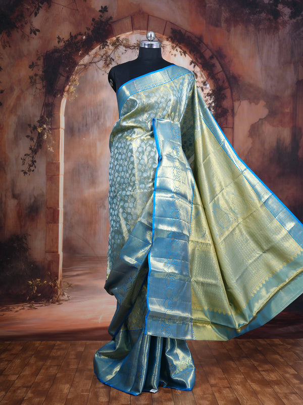 Luminous Olive Green and Electric Blue Kanjivaram Silk Saree