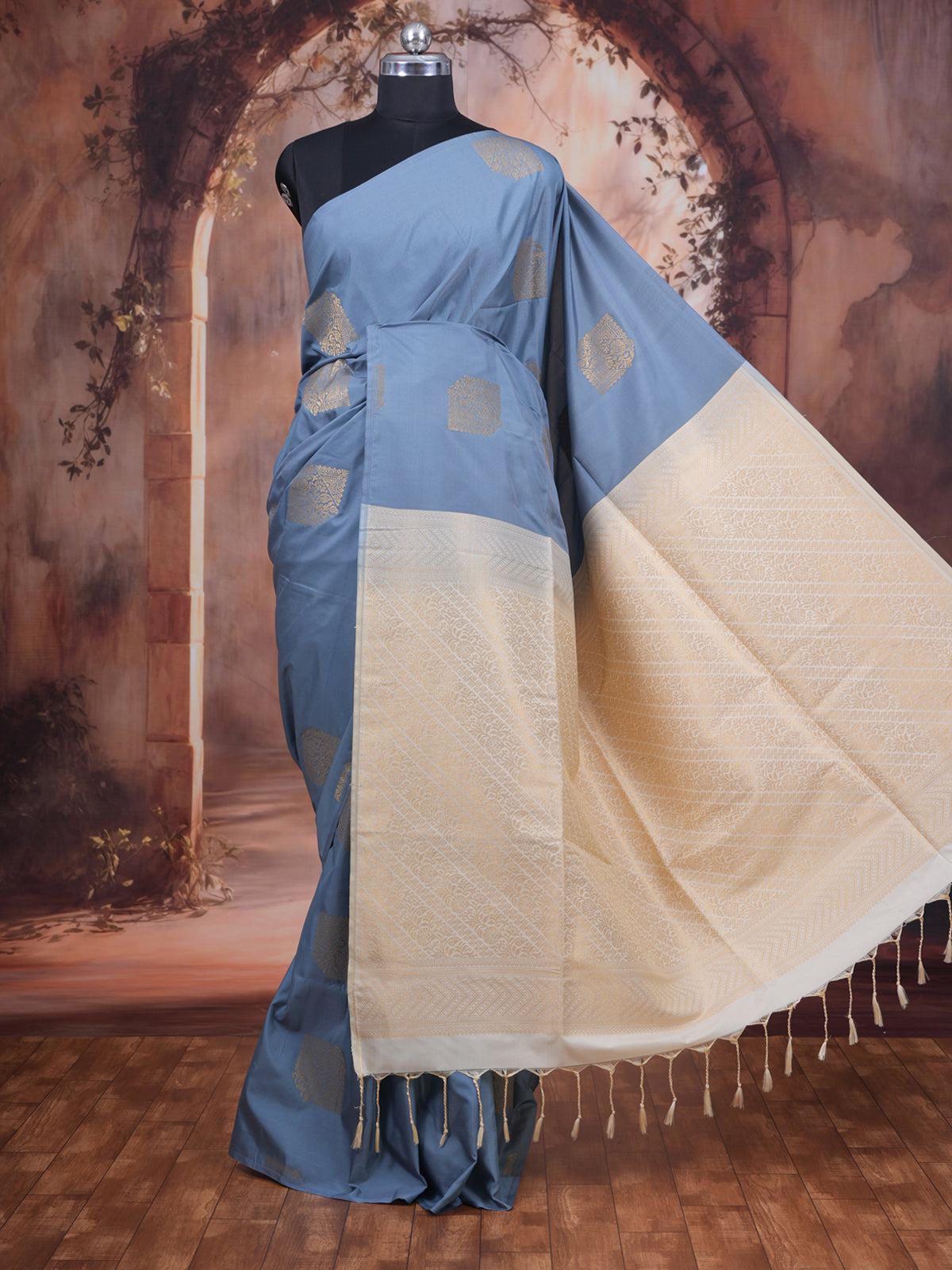 Grey with light Sandal  Semi Silk Saree