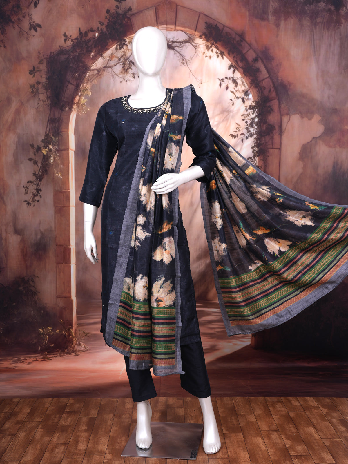 Navy Blue with Multicolor Floral Dupatta Ready Made Salwar Suit