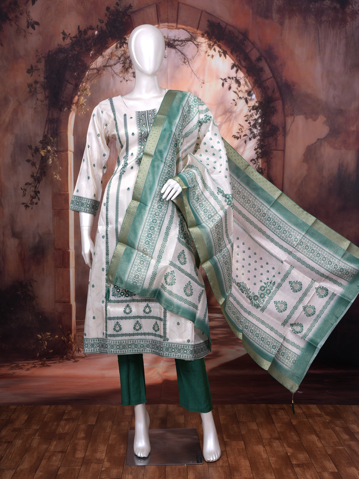 Off-White with Green Ready Made Salwar Suit