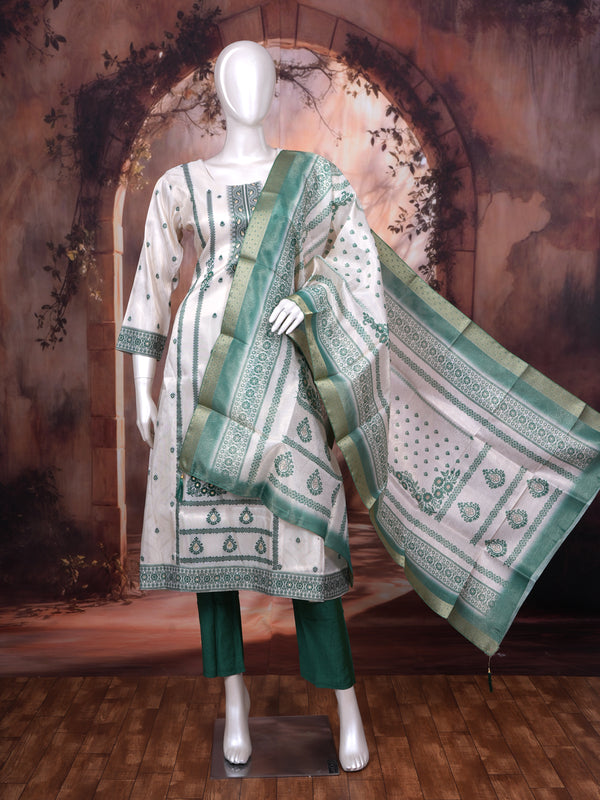 Off-White with Green Ready Made Salwar Suit