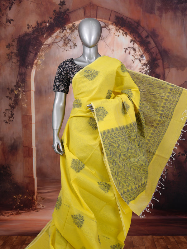 Yellow with Grey Munthi Silk Cotton Saree