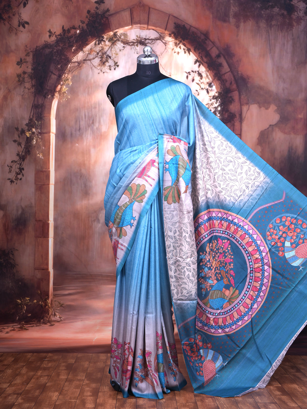 Sky Blue with Teal - Semi Tussar Saree