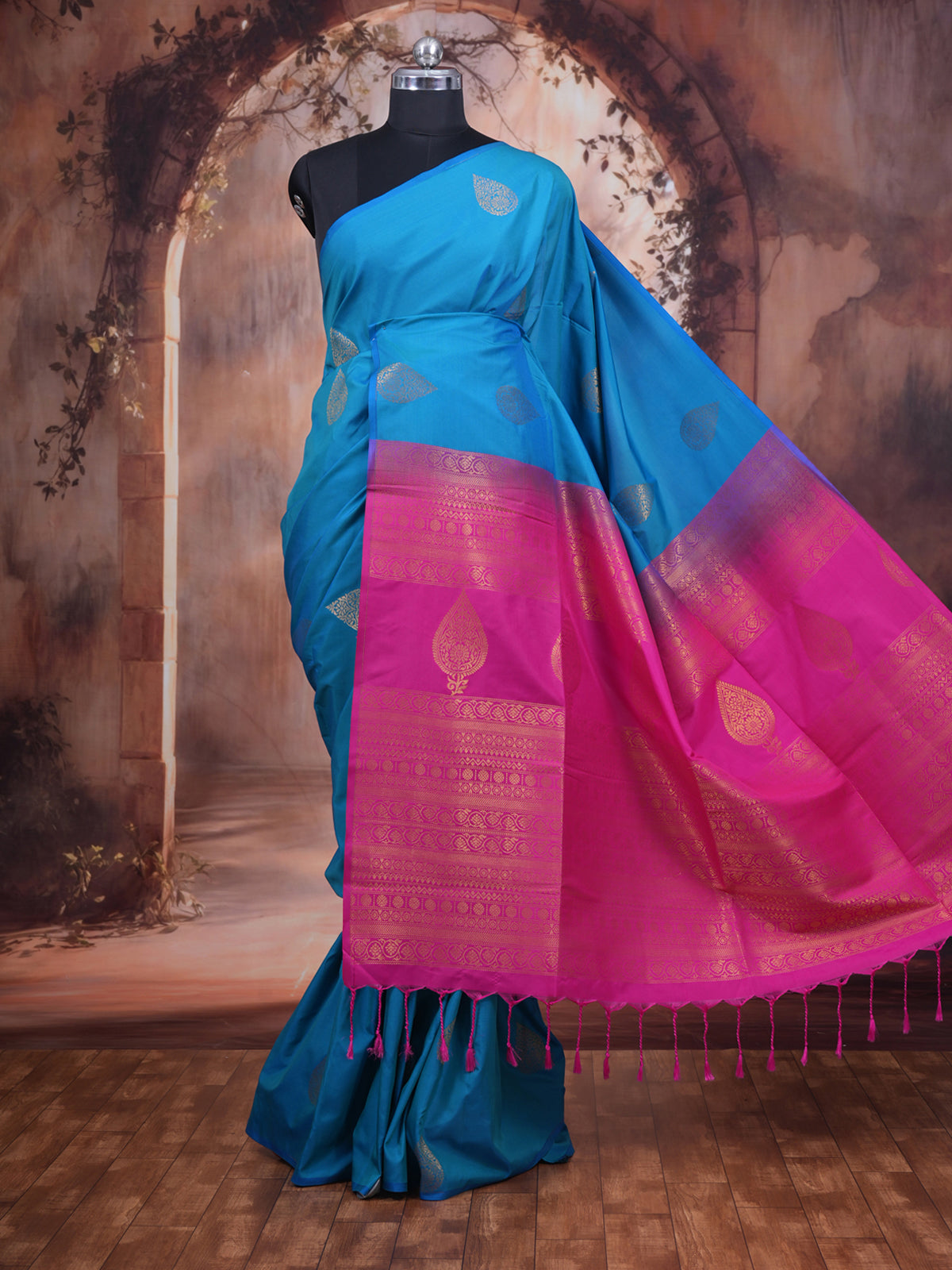 Sky Blue with Rani Pink Semi Silk Saree