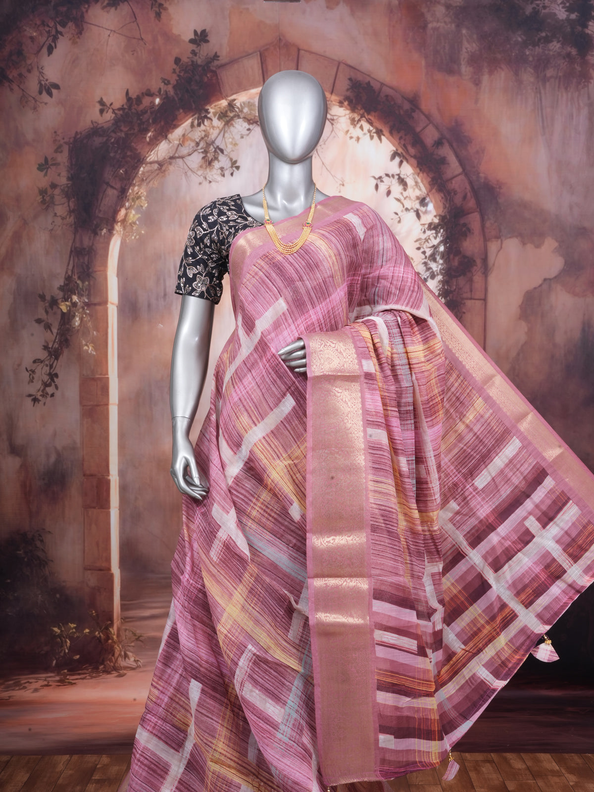 Mauve Pink and Multi-Color Checked Saree with Golden Zari Pallu - Semi Raw Silk Saree