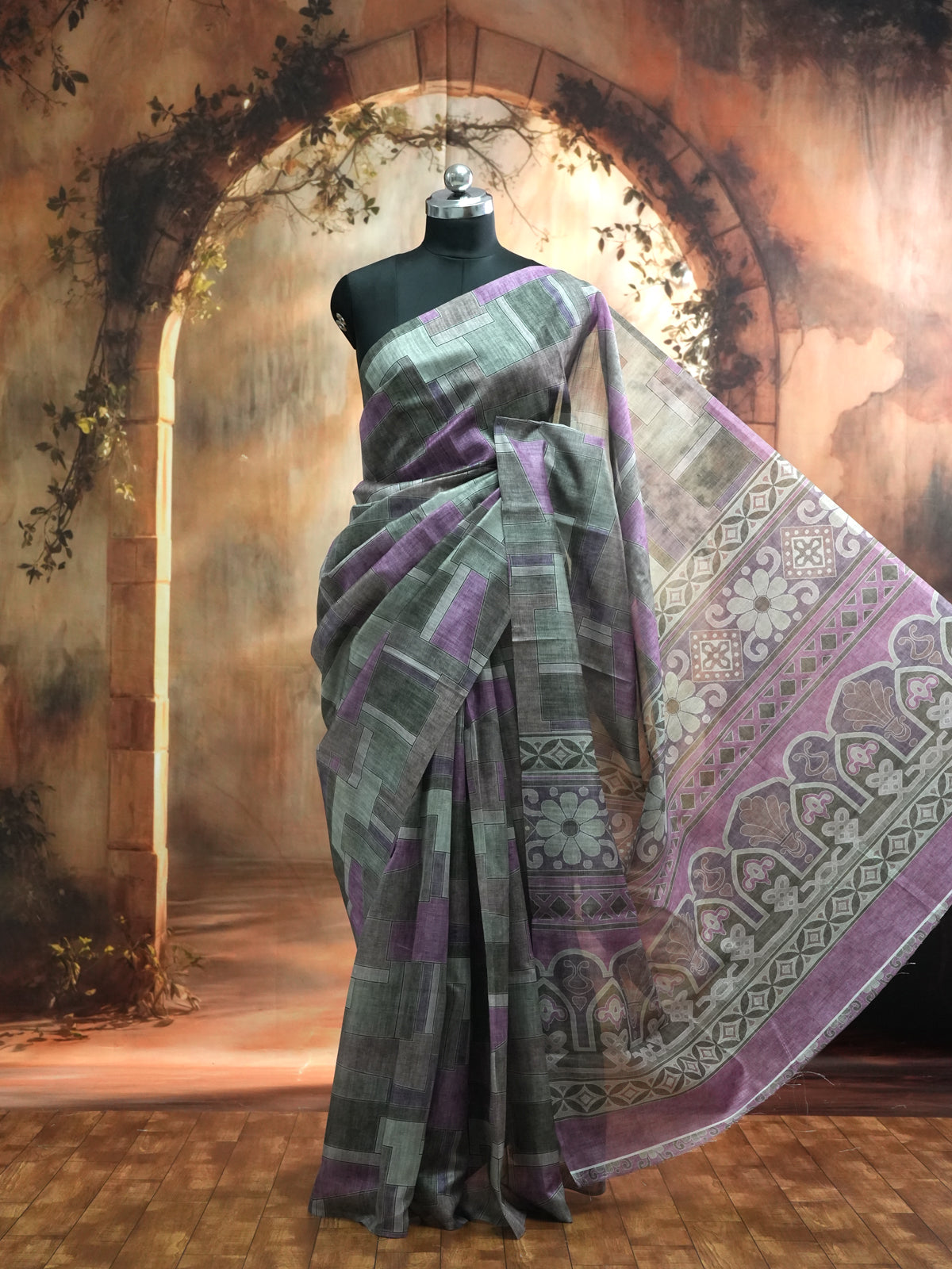 Grey and Purple with Mauve Printed Pallu - Semi Tussar Saree