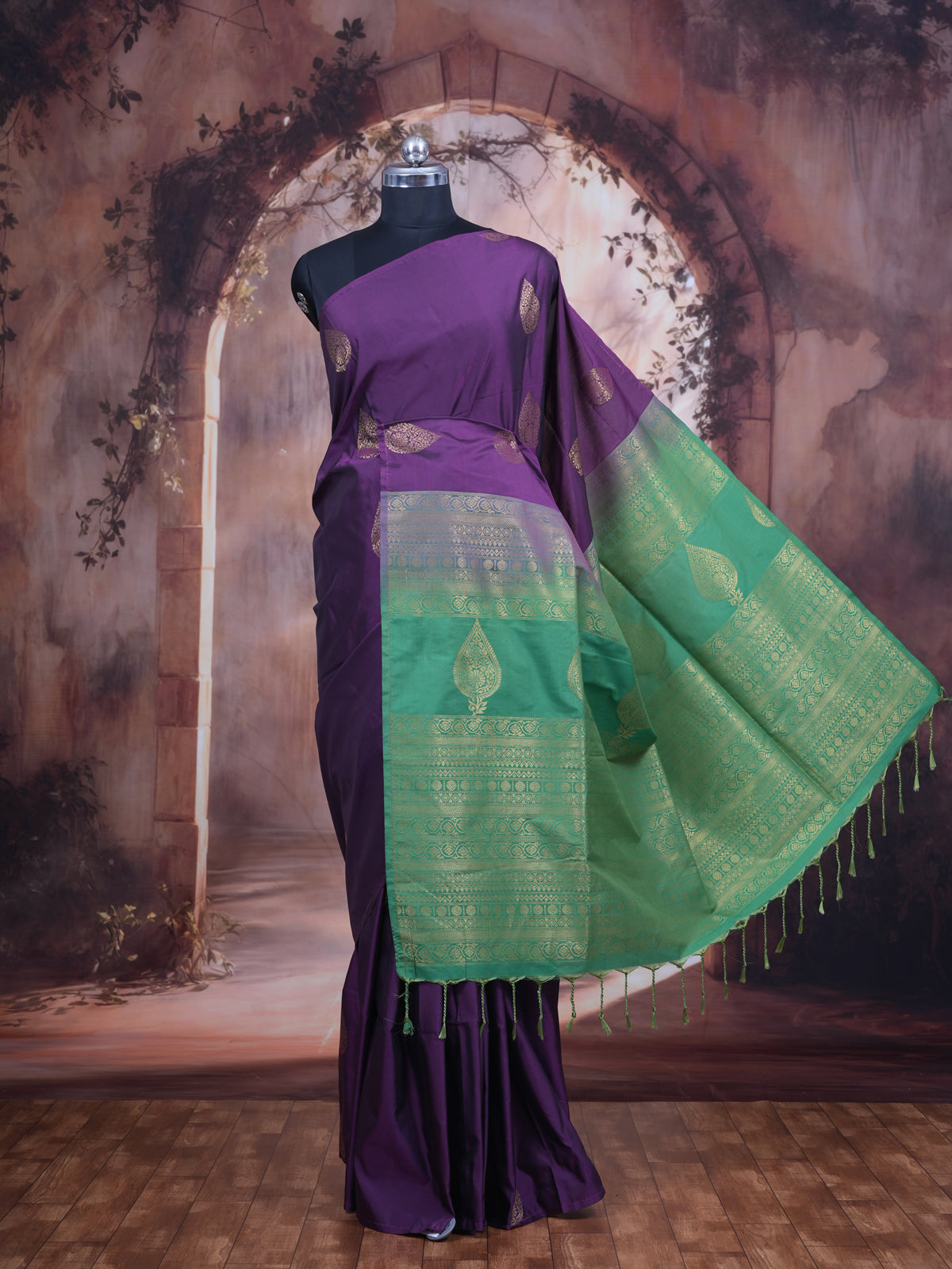 Wine Purple With Green Semi Silk Saree