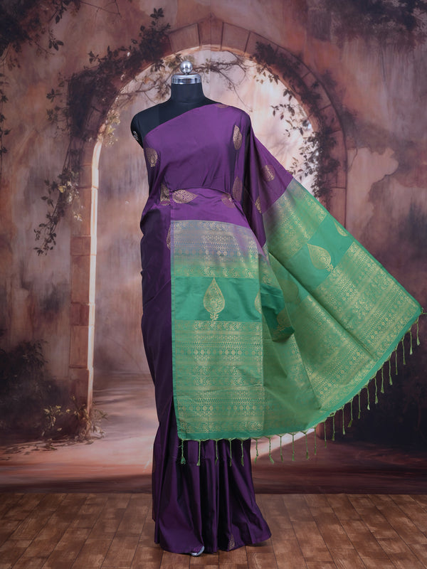 Wine Purple With Green Semi Silk Saree