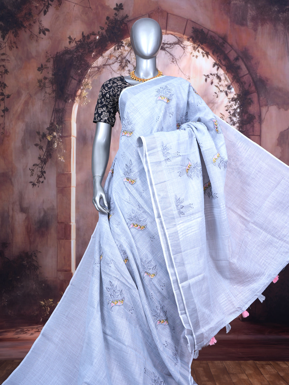Ice Blue with Soft Silver - Linen Cotton Saree